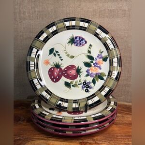Oneida Strawberry Plaid Dinner Plate Hand-Painted Ceramic 10 5/8" Dish Set of 4